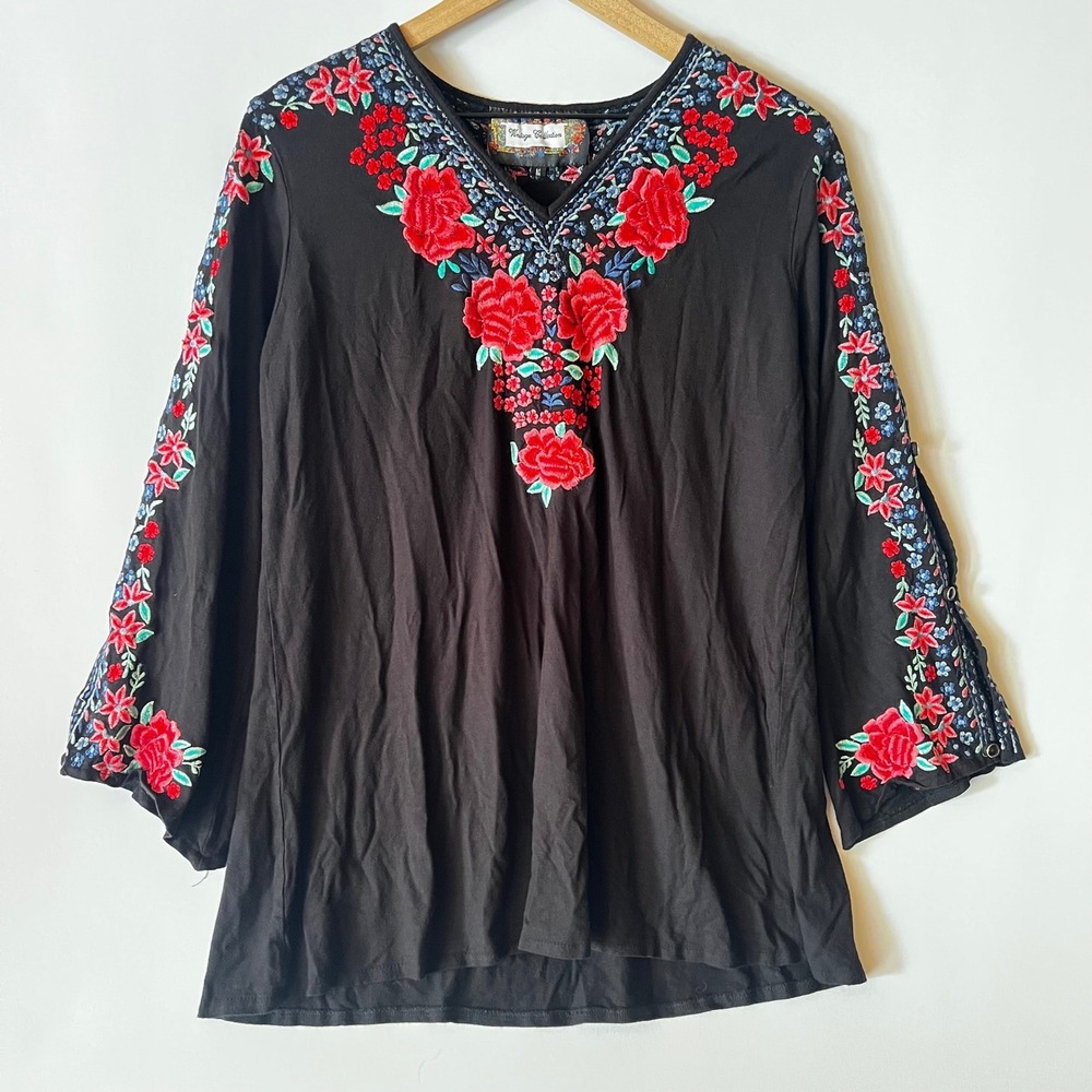 Vintage Collection Black Floral Embroidered Tunic Blouse Medium Boho Western